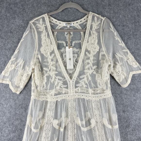 Woven Heart Lace Boho Dress Womens Medium Ivory Sheer Mesh Embroidered Fairy NEW - Picture 2 of 15